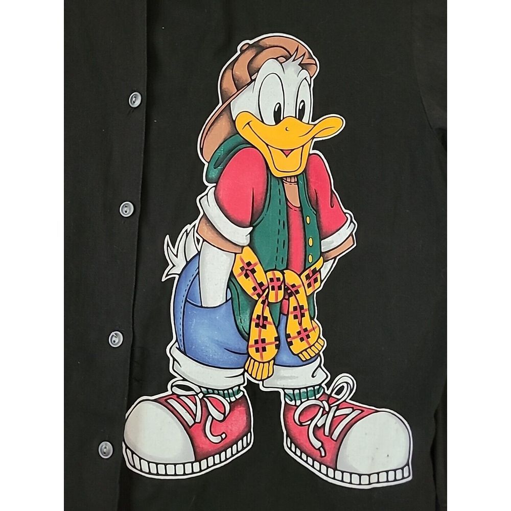 MBM Unlimited Black Button-Down Shirt with Colorful Cartoon Duck Graphic
